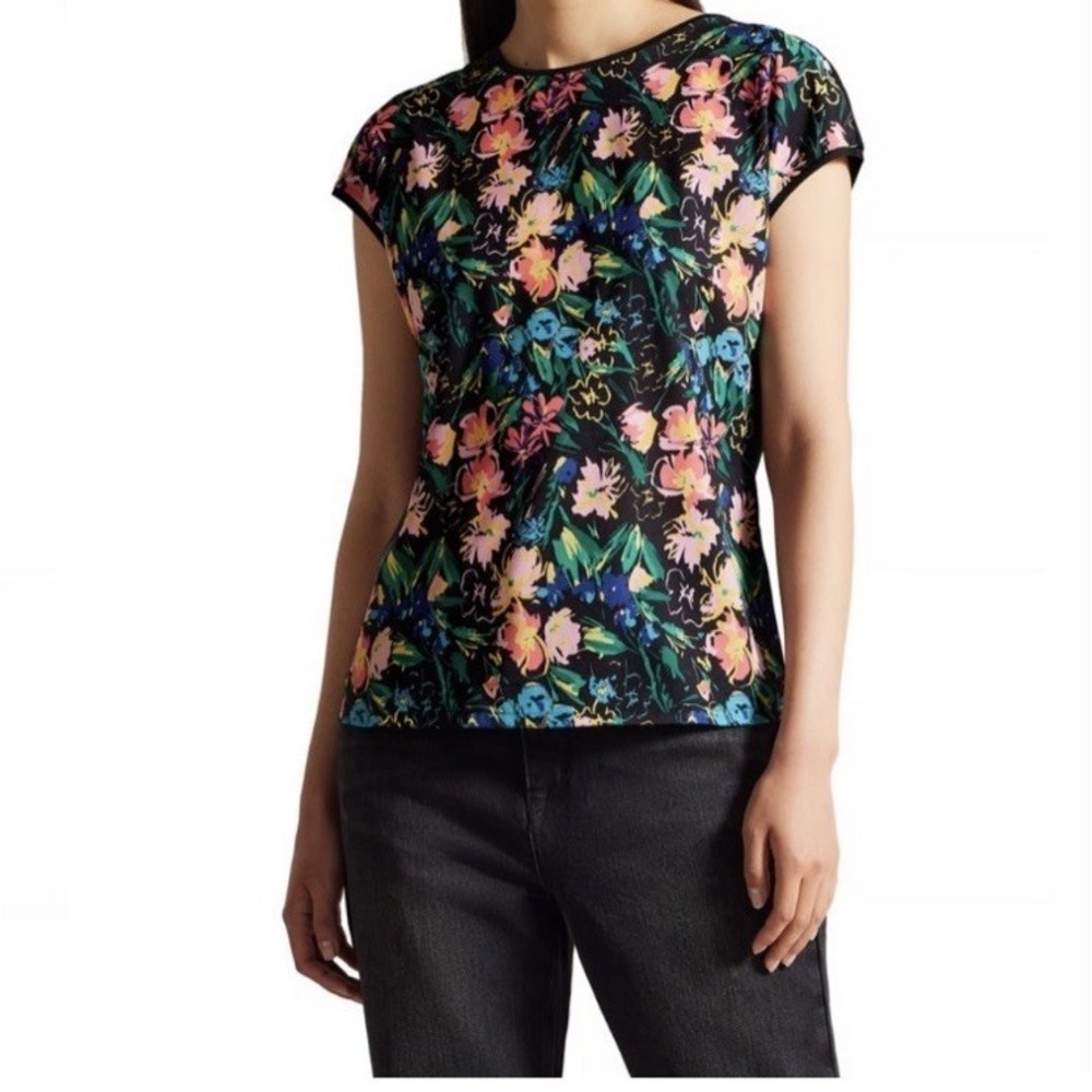 Ted Baker London Floral‎ Cap Sleeve Lightweight Top Black Multicolor Women Sz 1